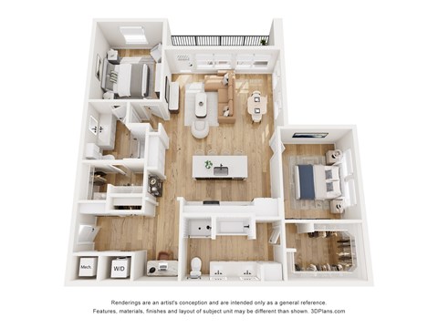 Floor plan for 2 beds, 2 baths, 1327 sqft